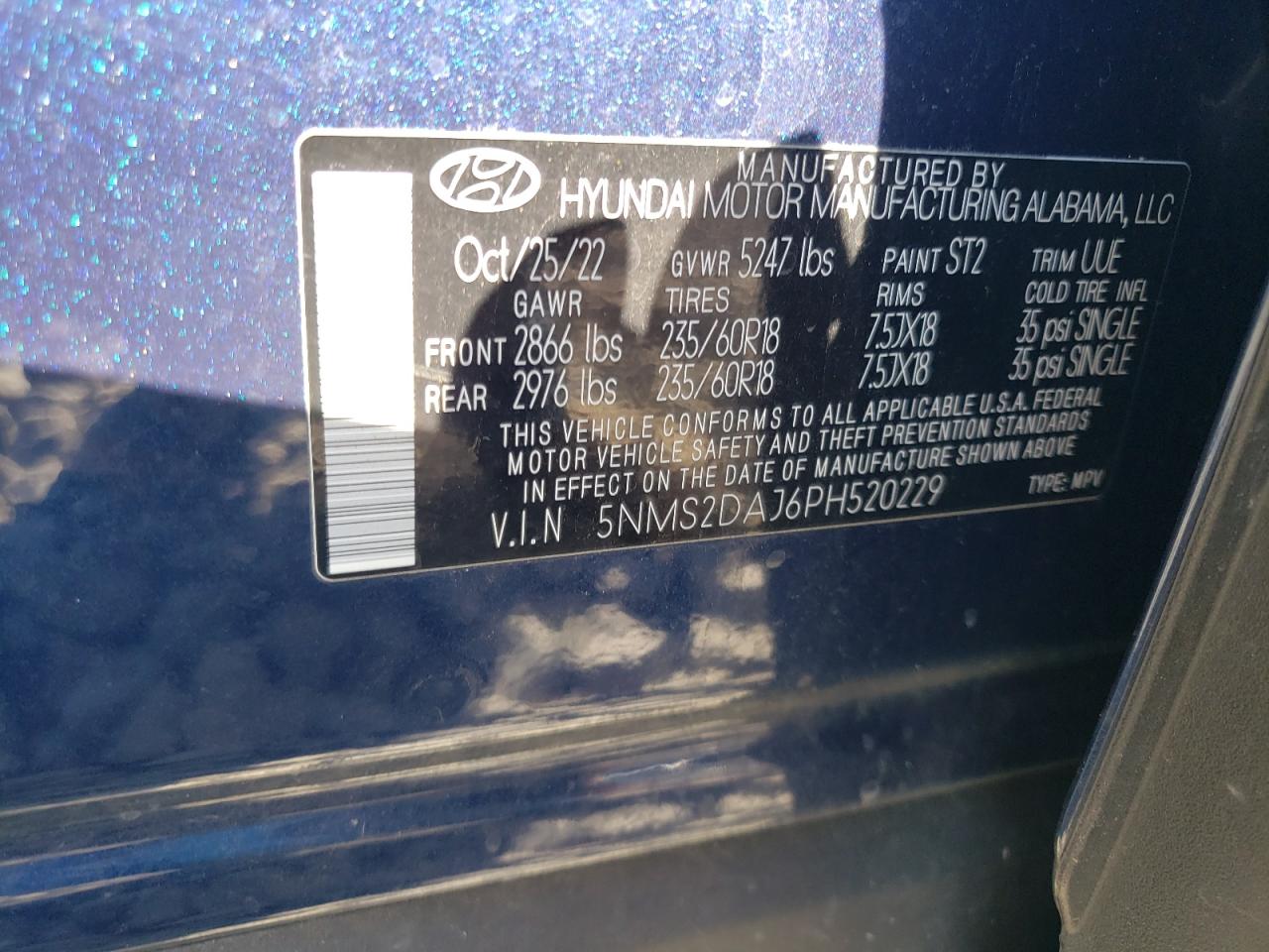 2023 HYUNDAI SANTA FE SEL VIN:5NMS2DAJ6PH520229