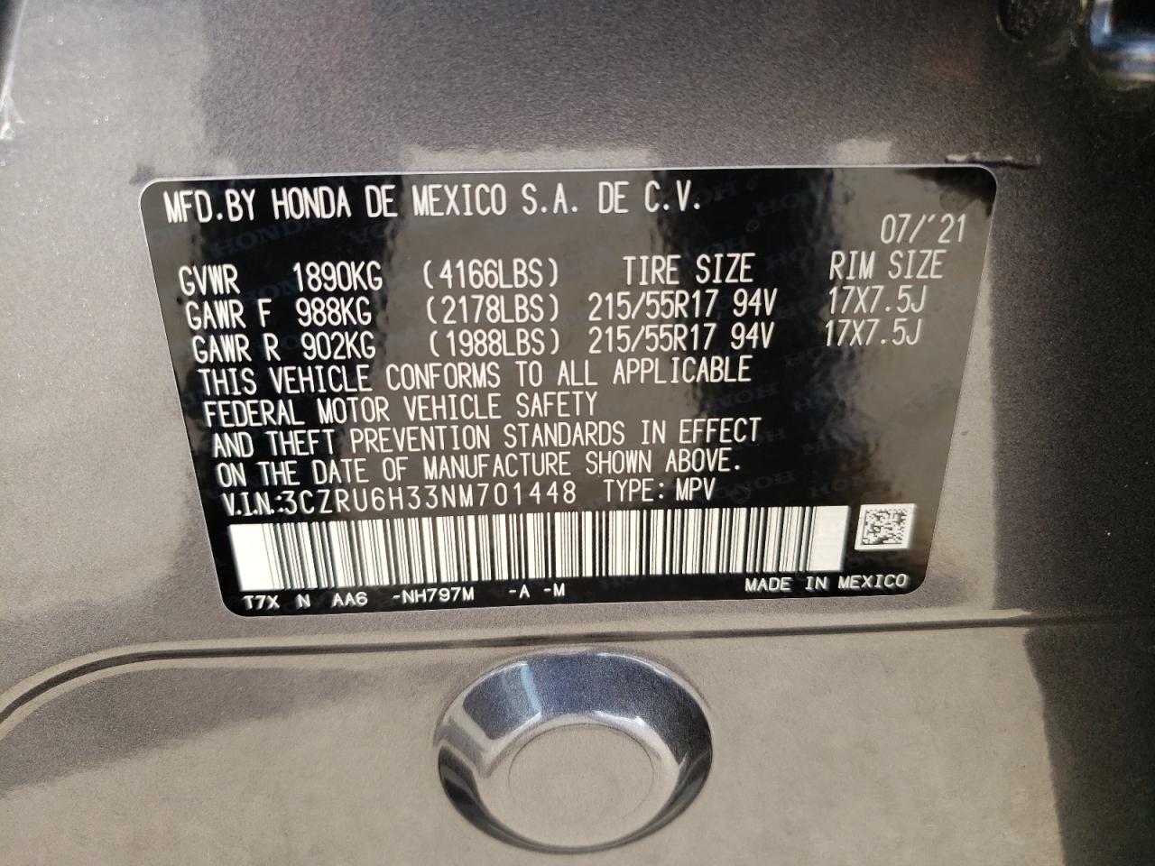 2022 HONDA HR-V LX VIN:3CZRU6H33NM701448