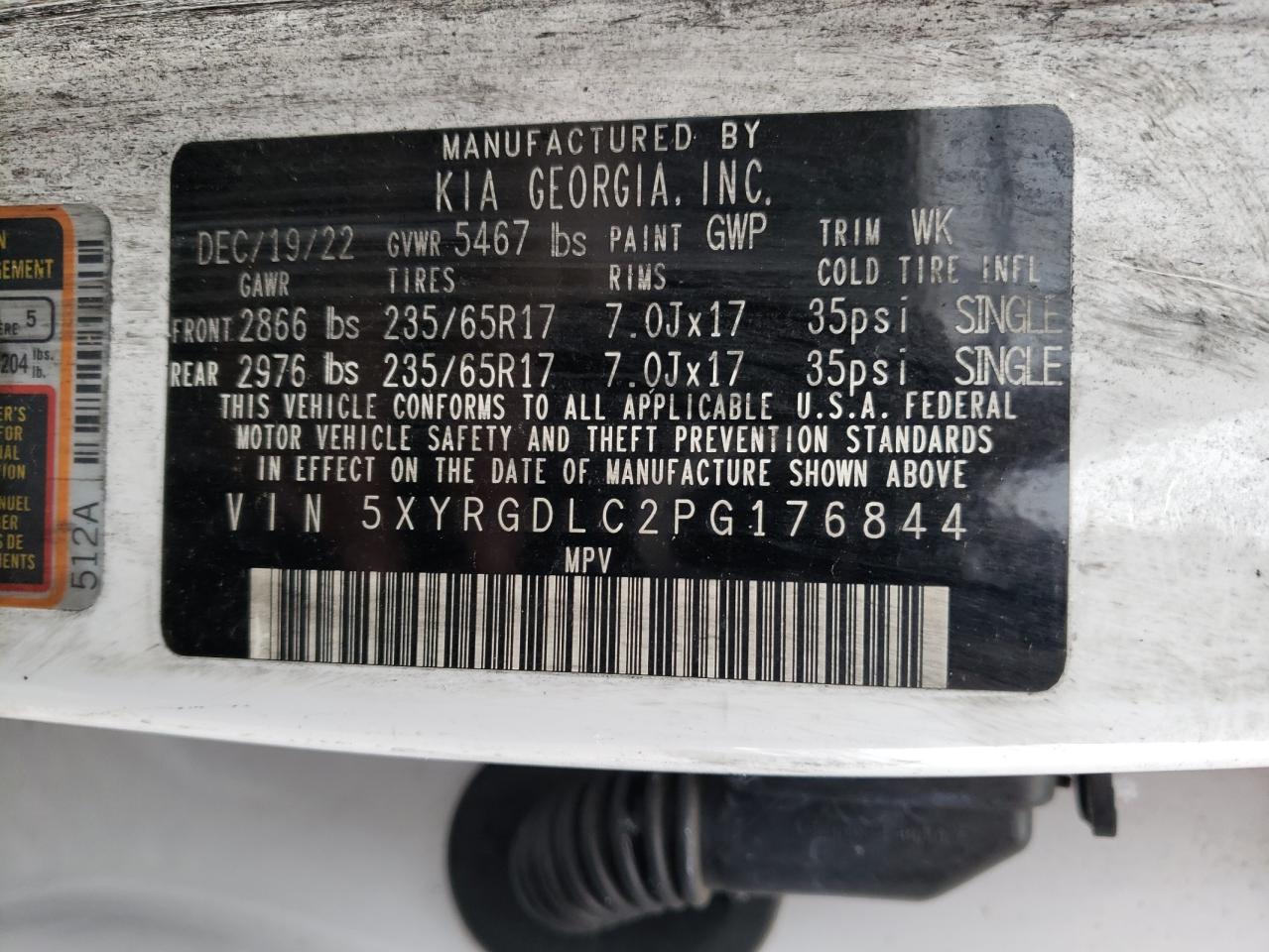 2023 KIA SORENTO LX VIN:5XYRGDLC2PG176844