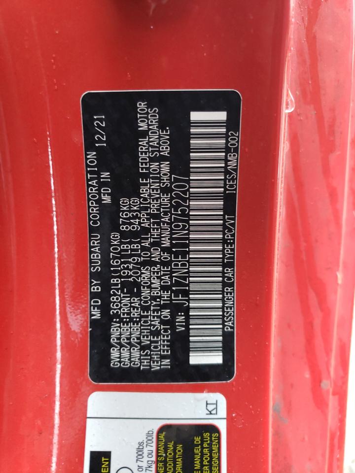 2022 TOYOTA GR 86 PREMIUM VIN:JF1ZNBE11N9752207