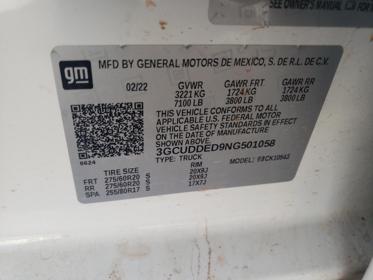 2022 CHEVROLET SILVERADO K1500 LT VIN:3GCUDDED9NG501058