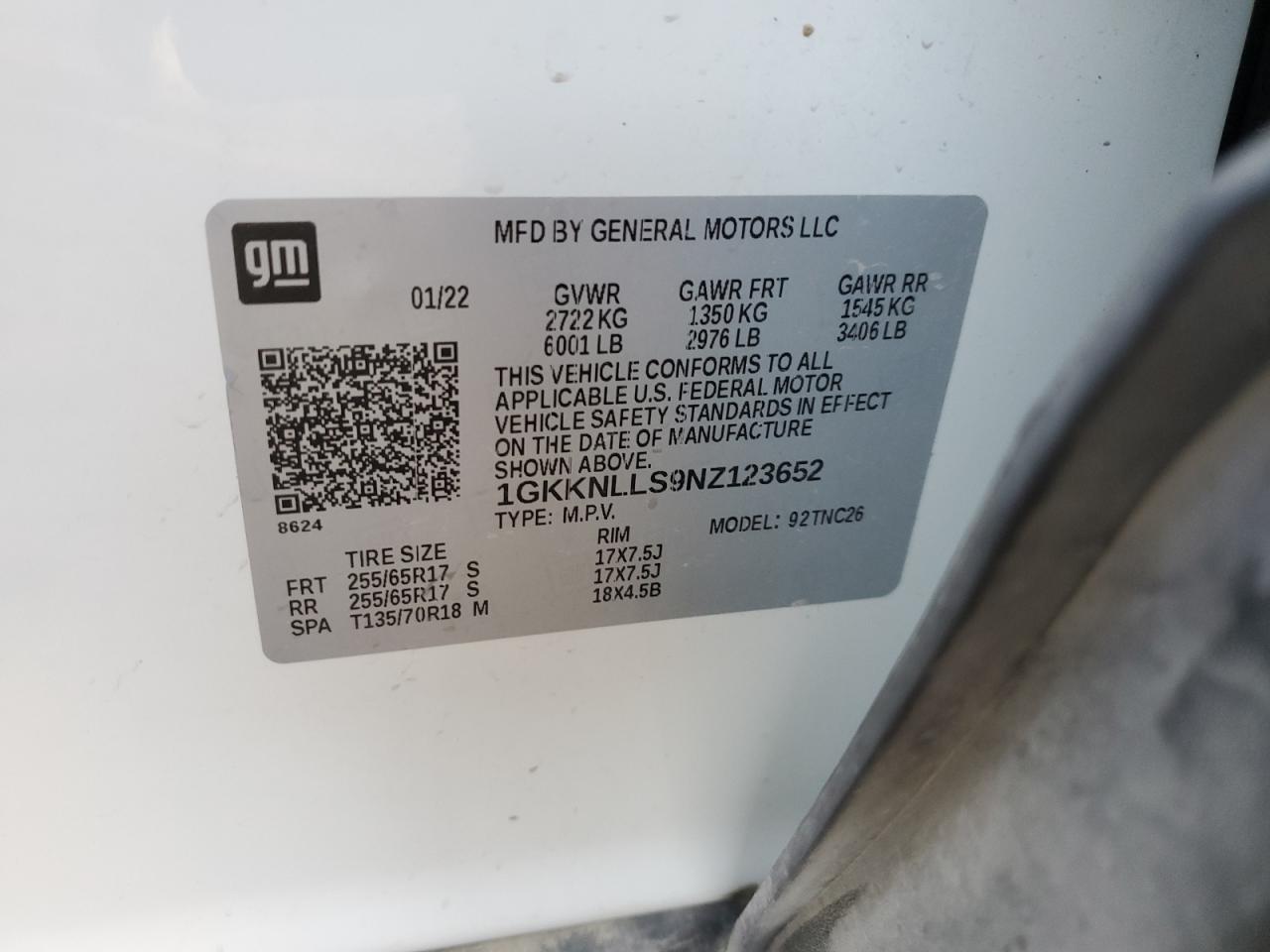 2022 GMC ACADIA AT4 VIN:1GKKNLLS9NZ123652