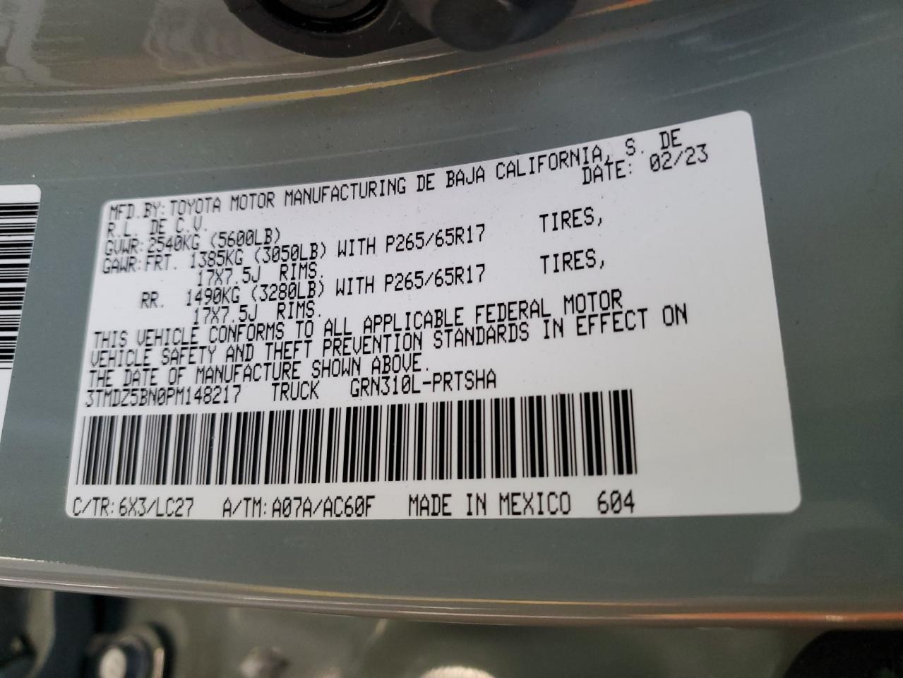 2023 TOYOTA TACOMA DOUBLE CAB VIN:3TMDZ5BN0PM148217