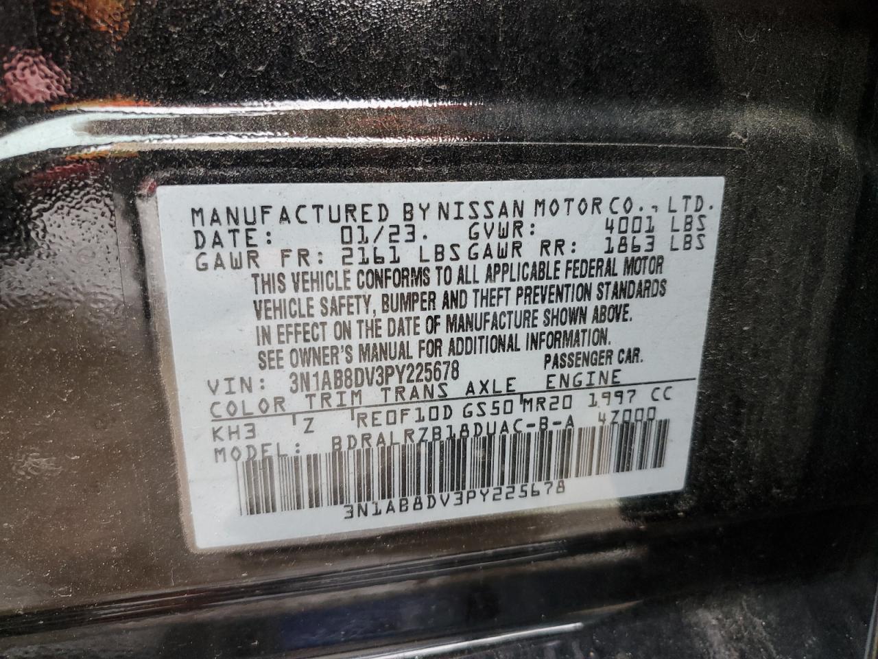 2023 NISSAN SENTRA SR VIN:3N1AB8DV3PY225678