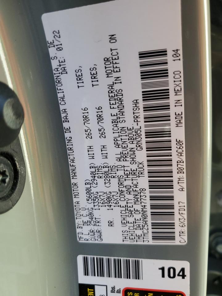 2022 TOYOTA TACOMA DOUBLE CAB VIN:3TMCZ5AN0NM477378