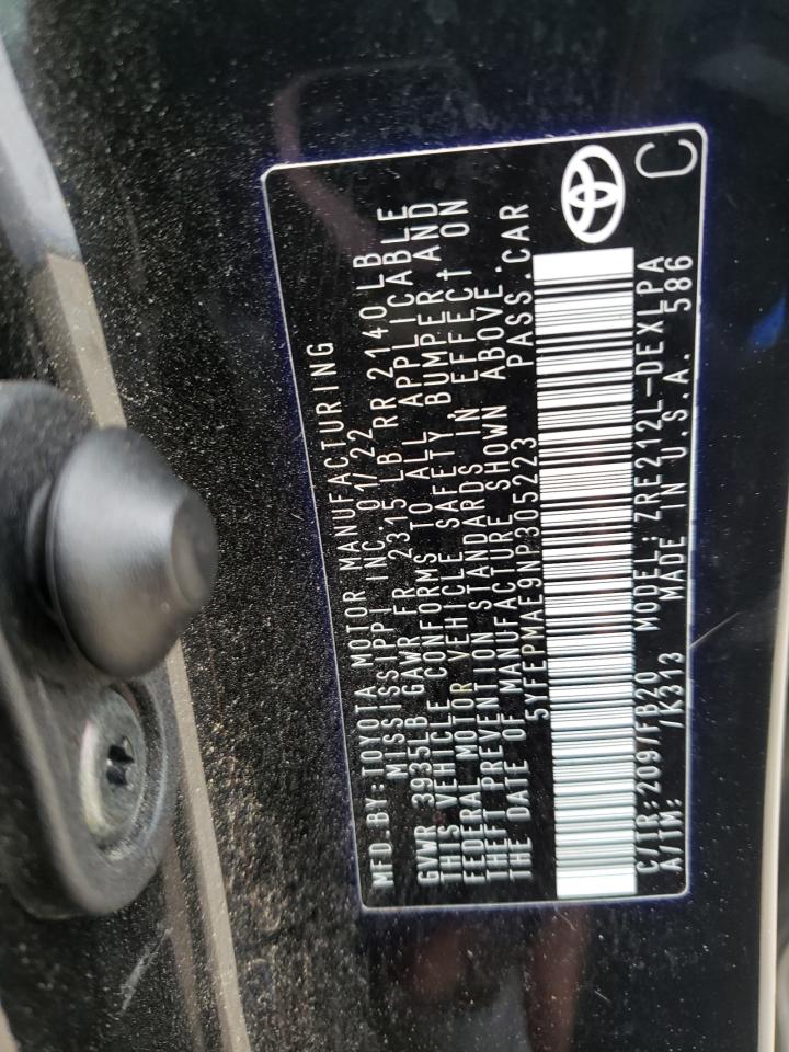 2022 TOYOTA COROLLA LE VIN:5YFEPMAE9NP305223