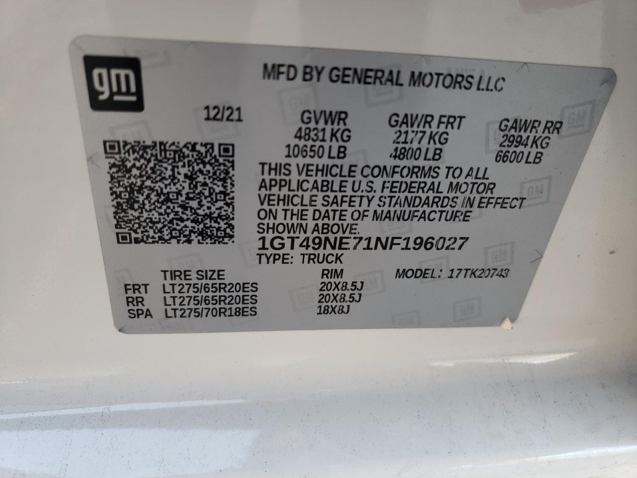 2022 GMC SIERRA K2500 SLT VIN:1GT49NE71NF196027