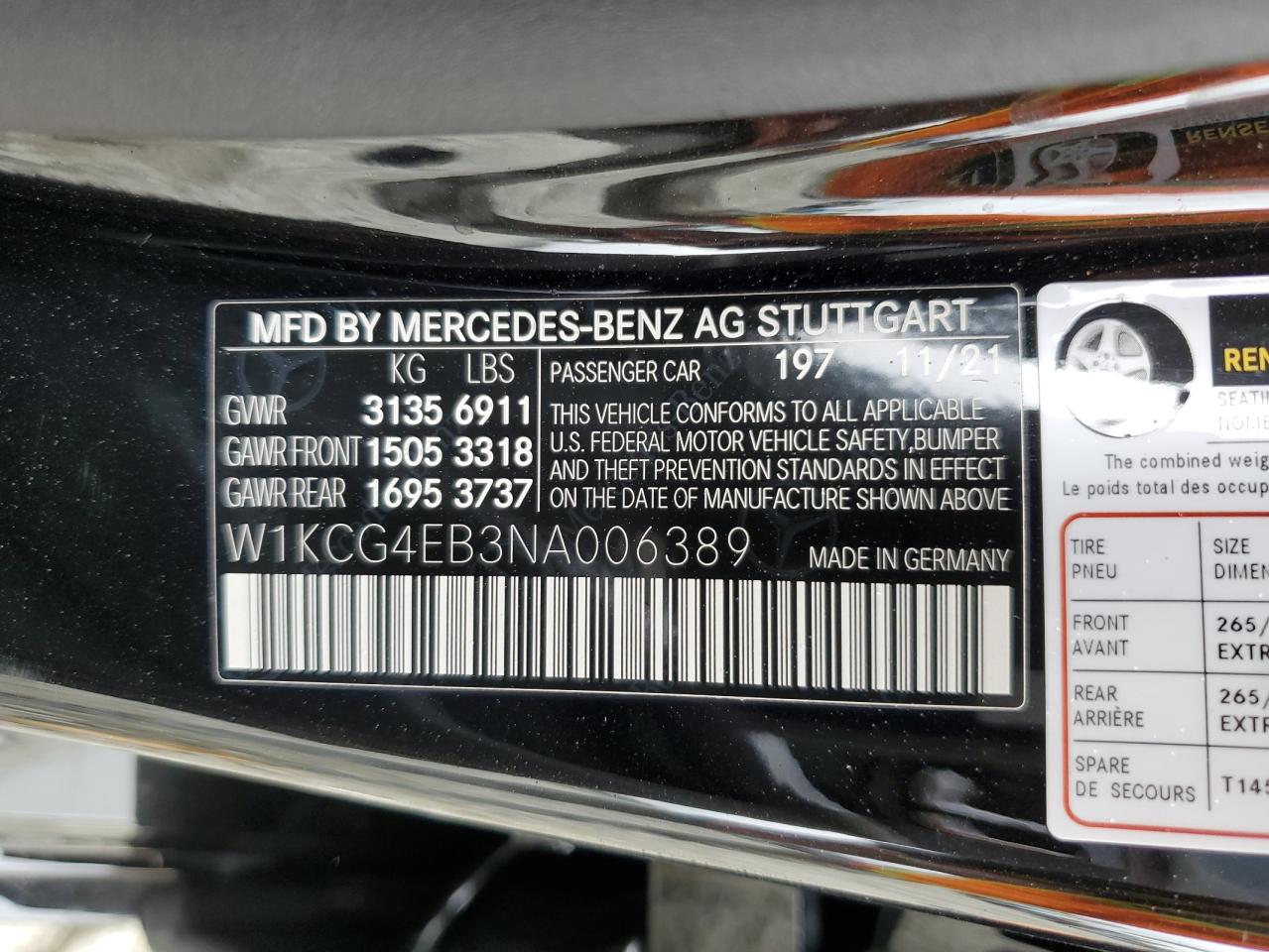 2022 MERCEDES-BENZ EQS SEDAN 580 4MATIC VIN:W1KCG4EB3NA006389