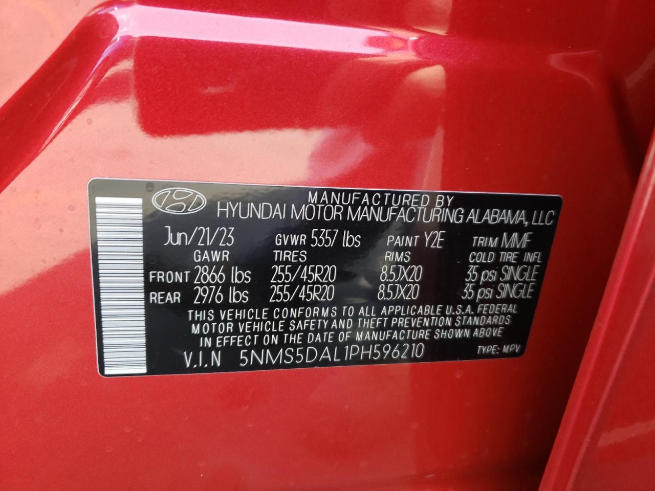 2023 HYUNDAI SANTA FE CALLIGRAPHY VIN:5NMS5DAL1PH596210