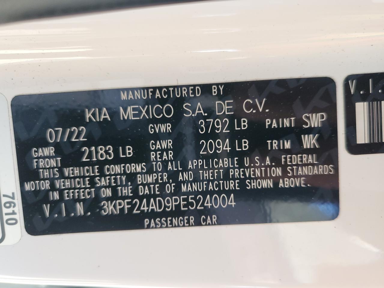 2023 KIA FORTE LX VIN:3KPF24AD9PE524004