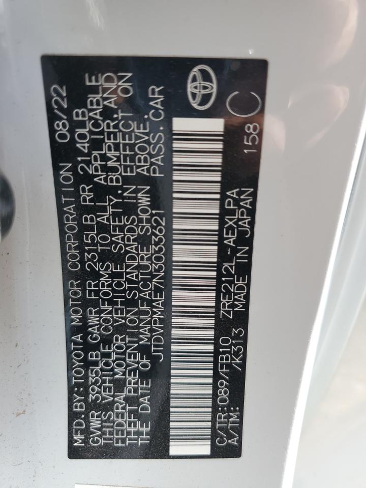 2022 TOYOTA COROLLA LE VIN:JTDVPMAE7N3033621