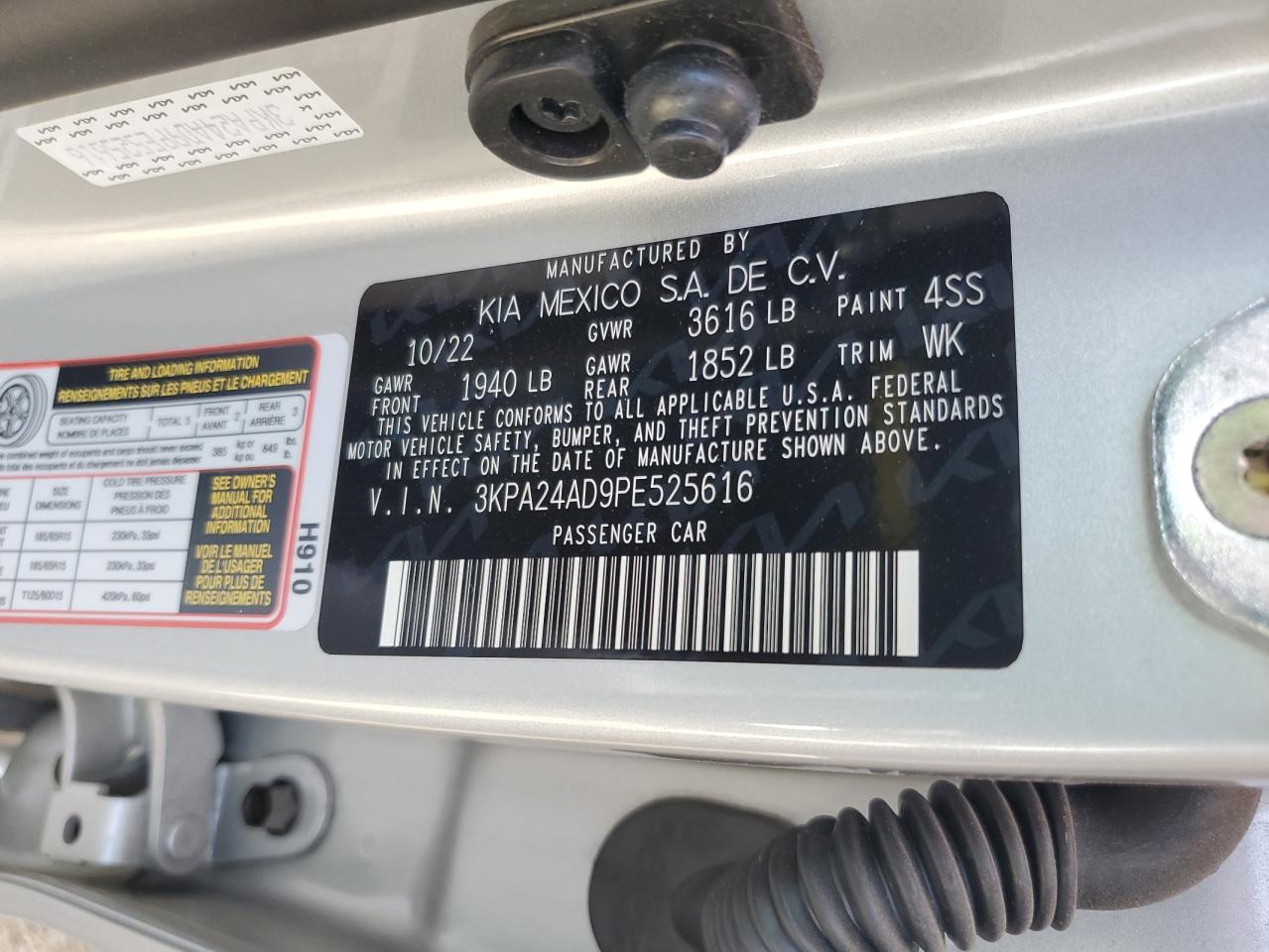 2023 KIA RIO LX VIN:3KPA24AD9PE525616