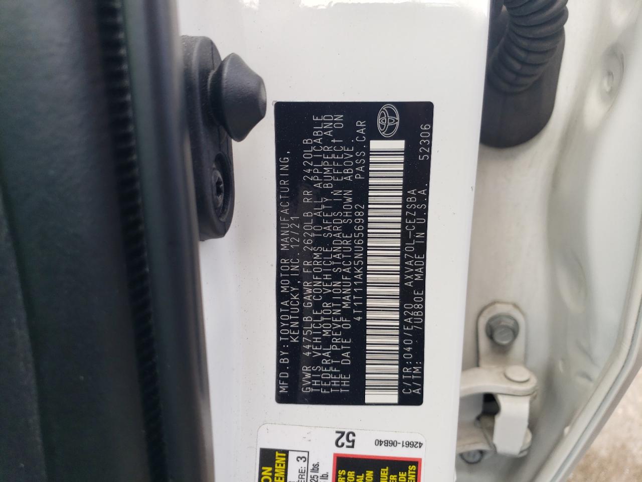 2022 TOYOTA CAMRY SE VIN:4T1T11AK5NU656982