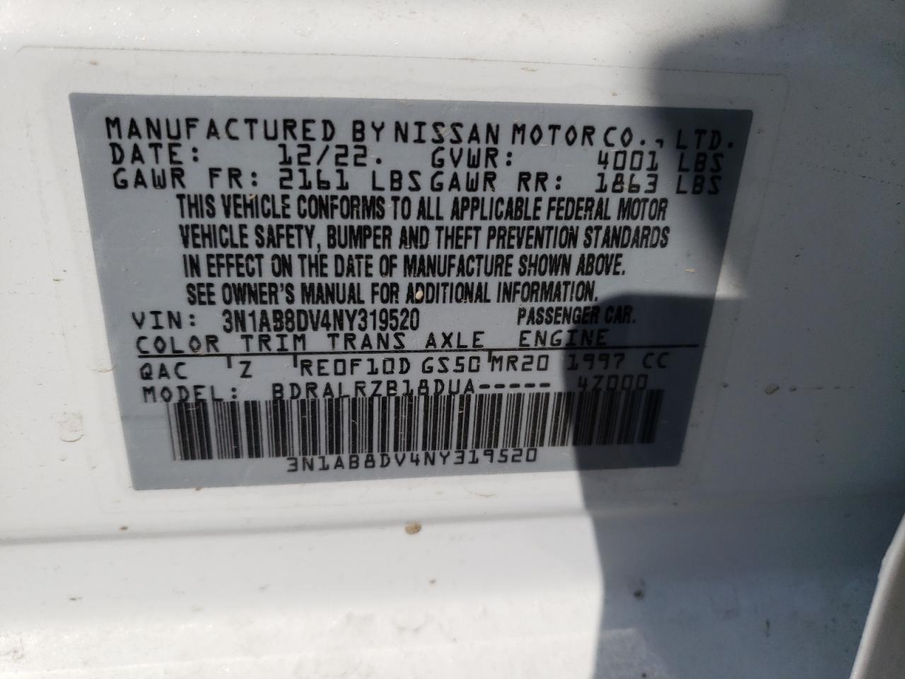 2022 NISSAN SENTRA SR VIN:3N1AB8DV4NY319520