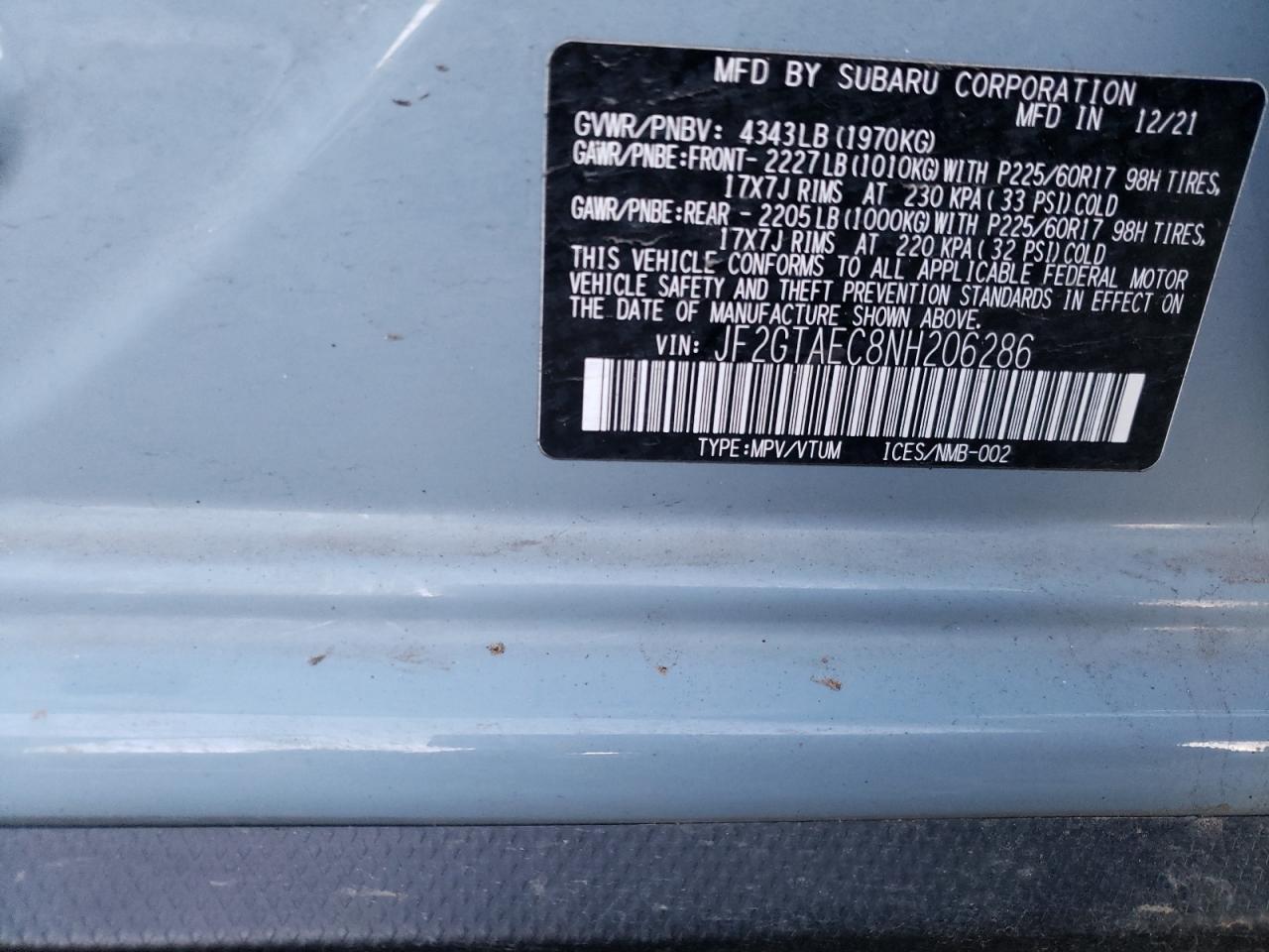 2022 SUBARU CROSSTREK PREMIUM VIN:JF2GTAEC8NH206286