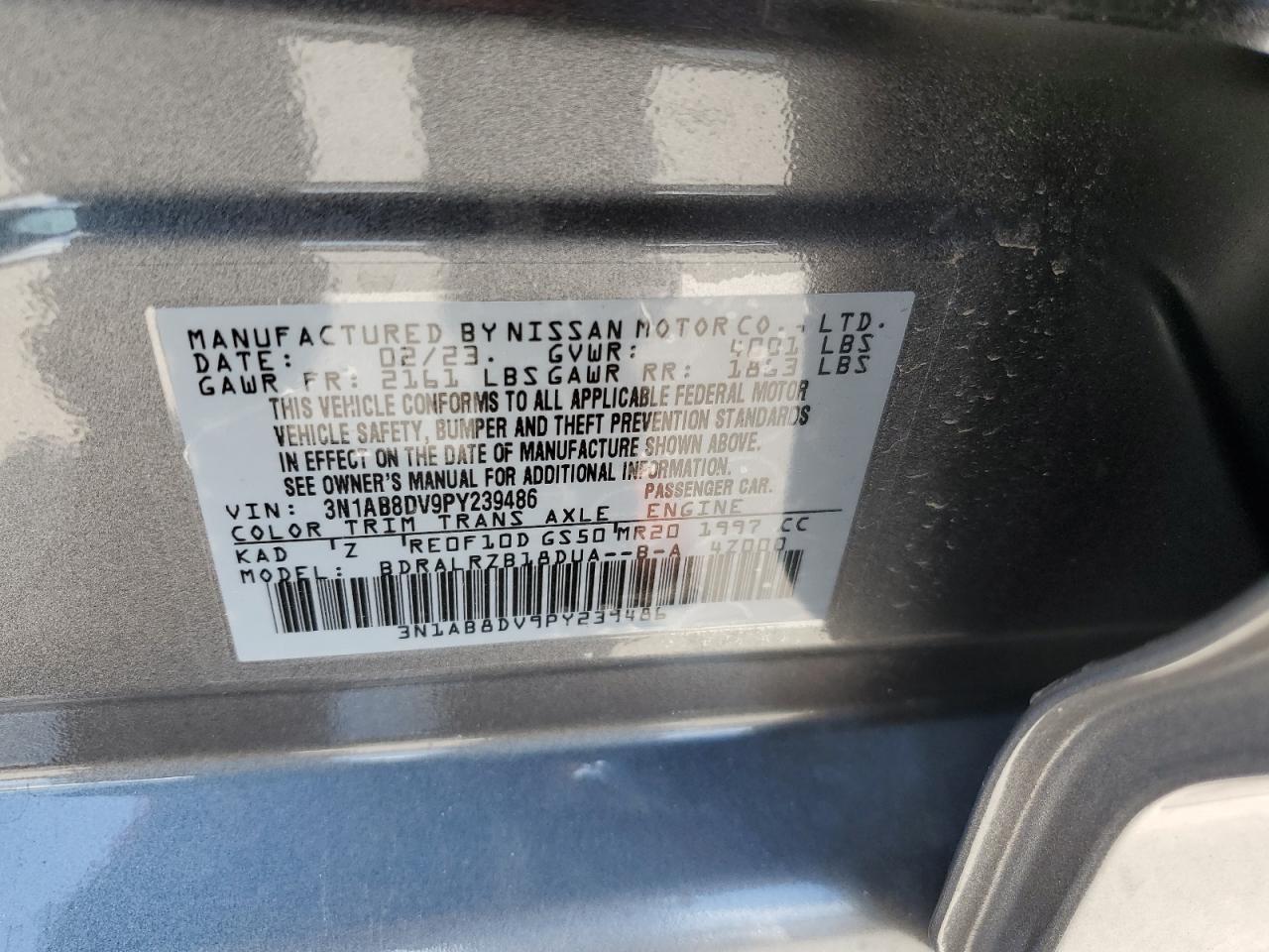 2023 NISSAN SENTRA SR VIN:3N1AB8DV9PY239486