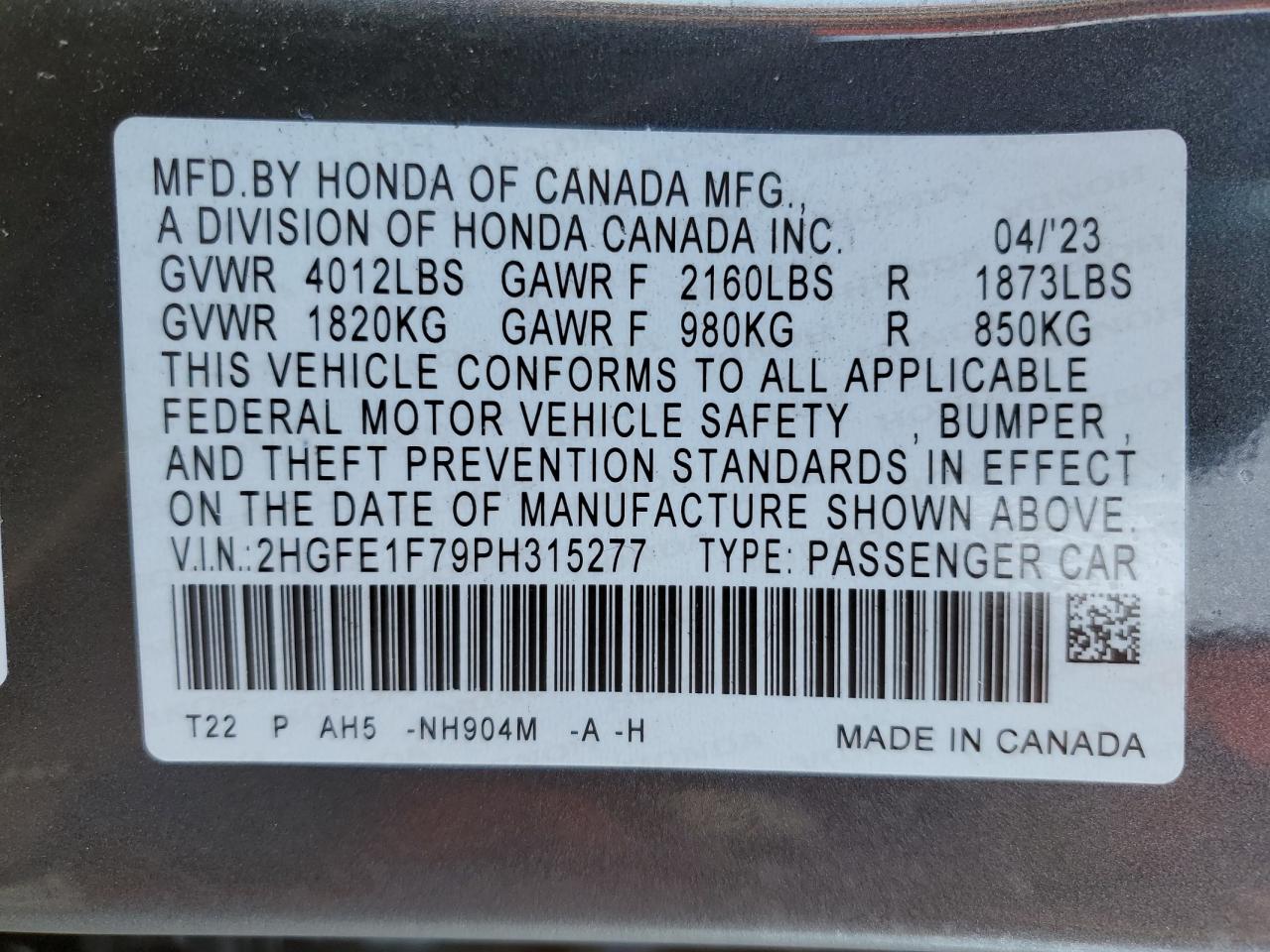 2023 HONDA CIVIC EX VIN:2HGFE1F79PH315277