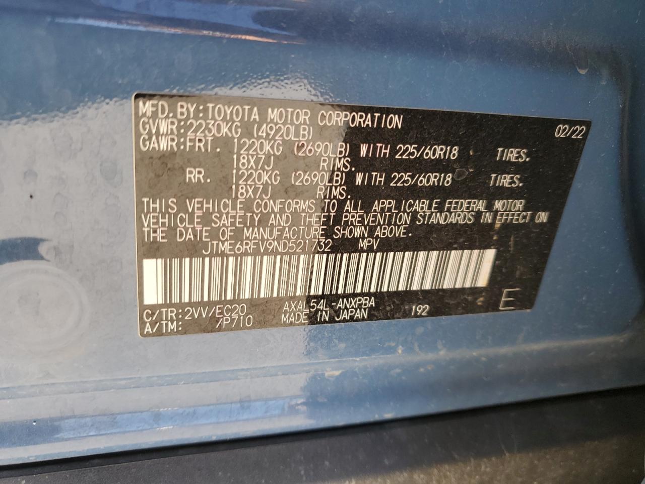 2022 TOYOTA RAV4 XSE VIN:JTME6RFV9ND521732