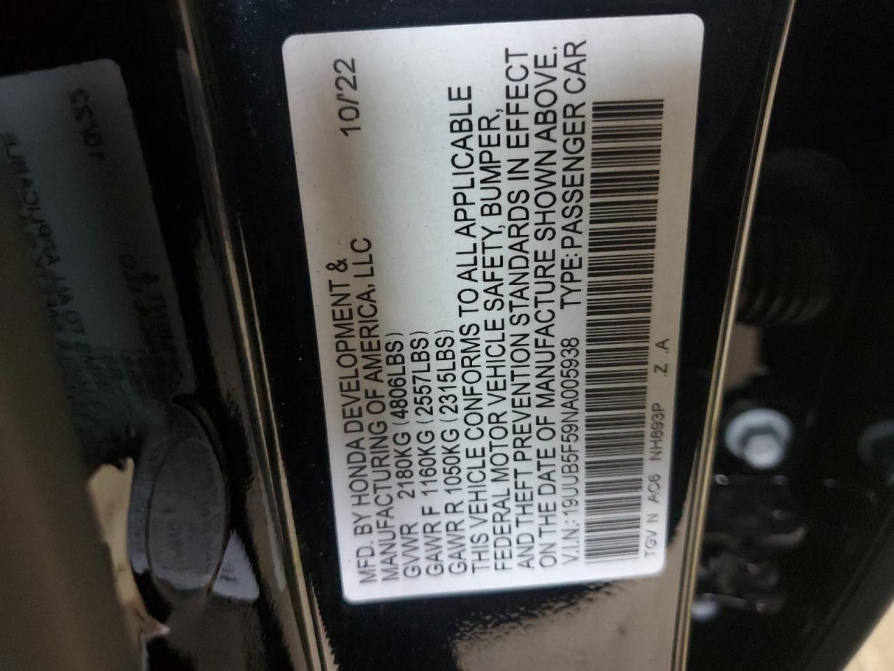 2022 ACURA TLX TECH A VIN:19UUB5F59NA005938