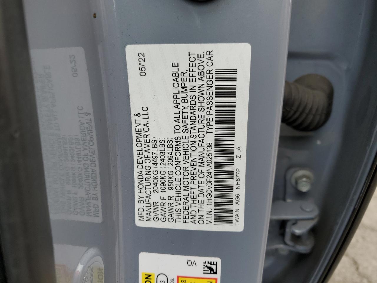 2022 HONDA ACCORD HYBRID SPORT VIN:1HGCV3F24NA025138