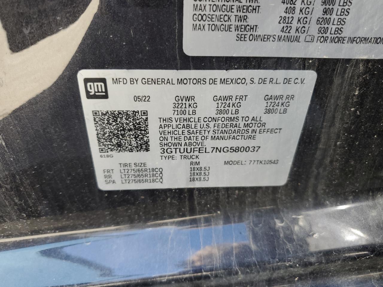 2022 GMC SIERRA K1500 AT4X VIN:3GTUUFEL7NG580037