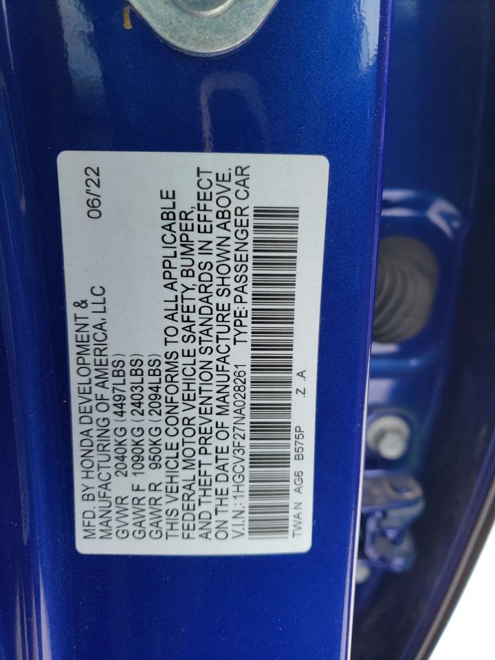 2022 HONDA ACCORD HYBRID SPORT VIN:1HGCV3F27NA028261