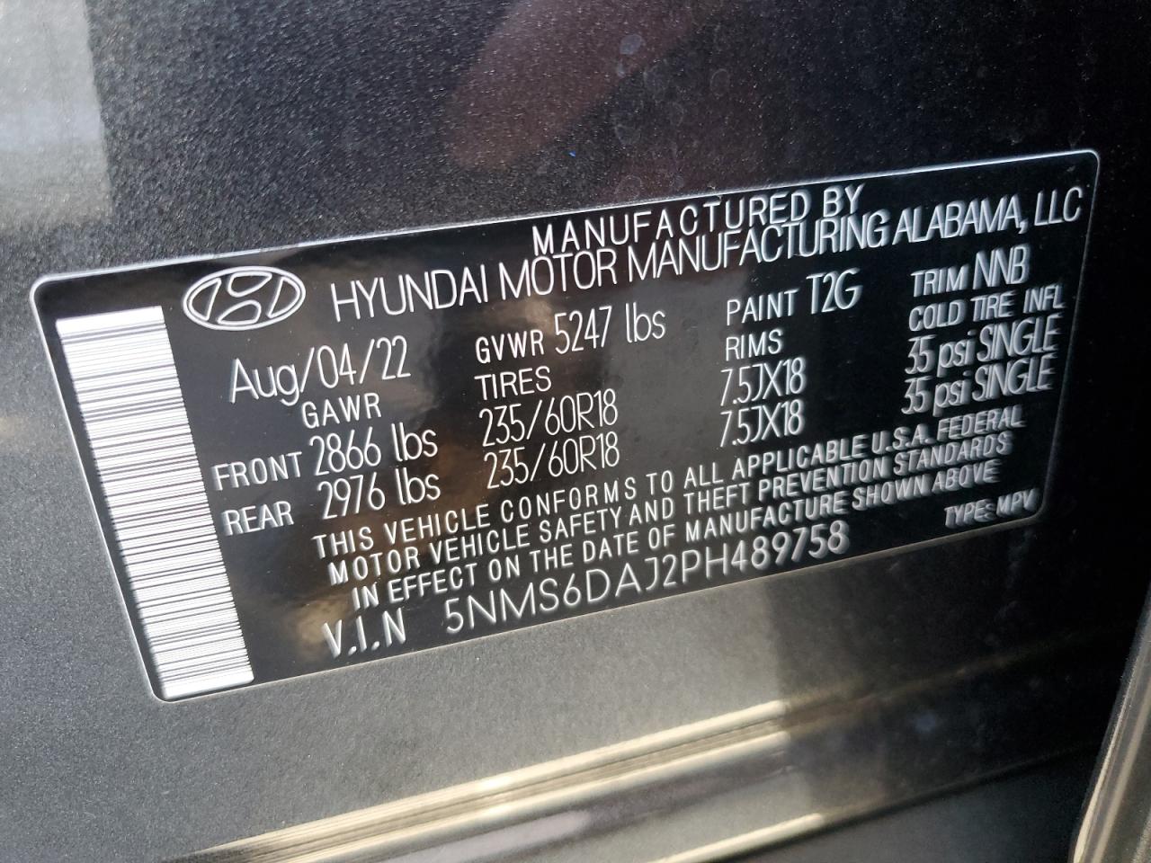 2023 HYUNDAI SANTA FE XRT VIN:5NMS6DAJ2PH489758