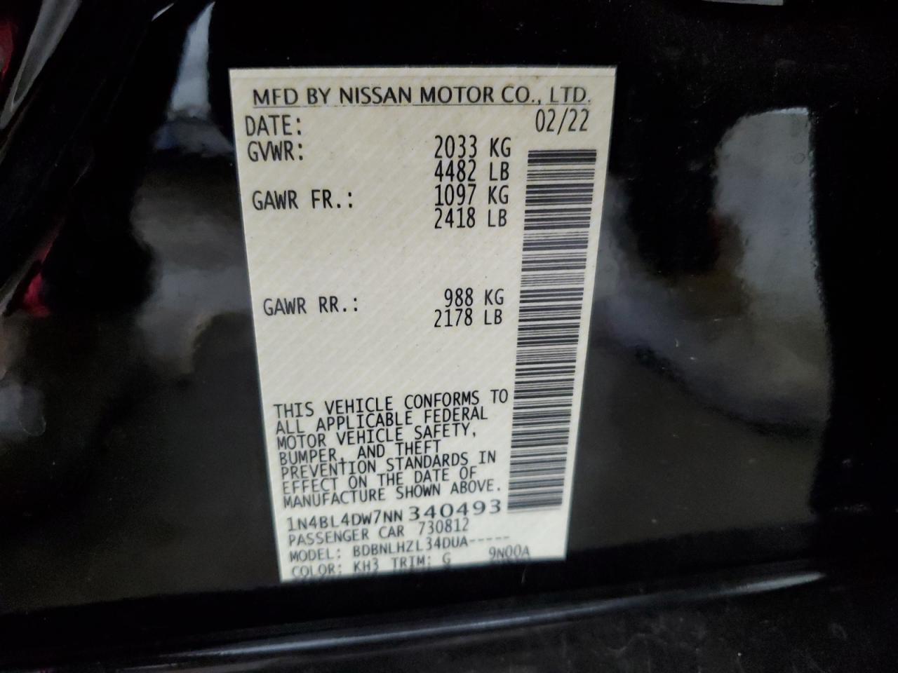 2022 NISSAN ALTIMA SV VIN:1N4BL4DW7NN340493