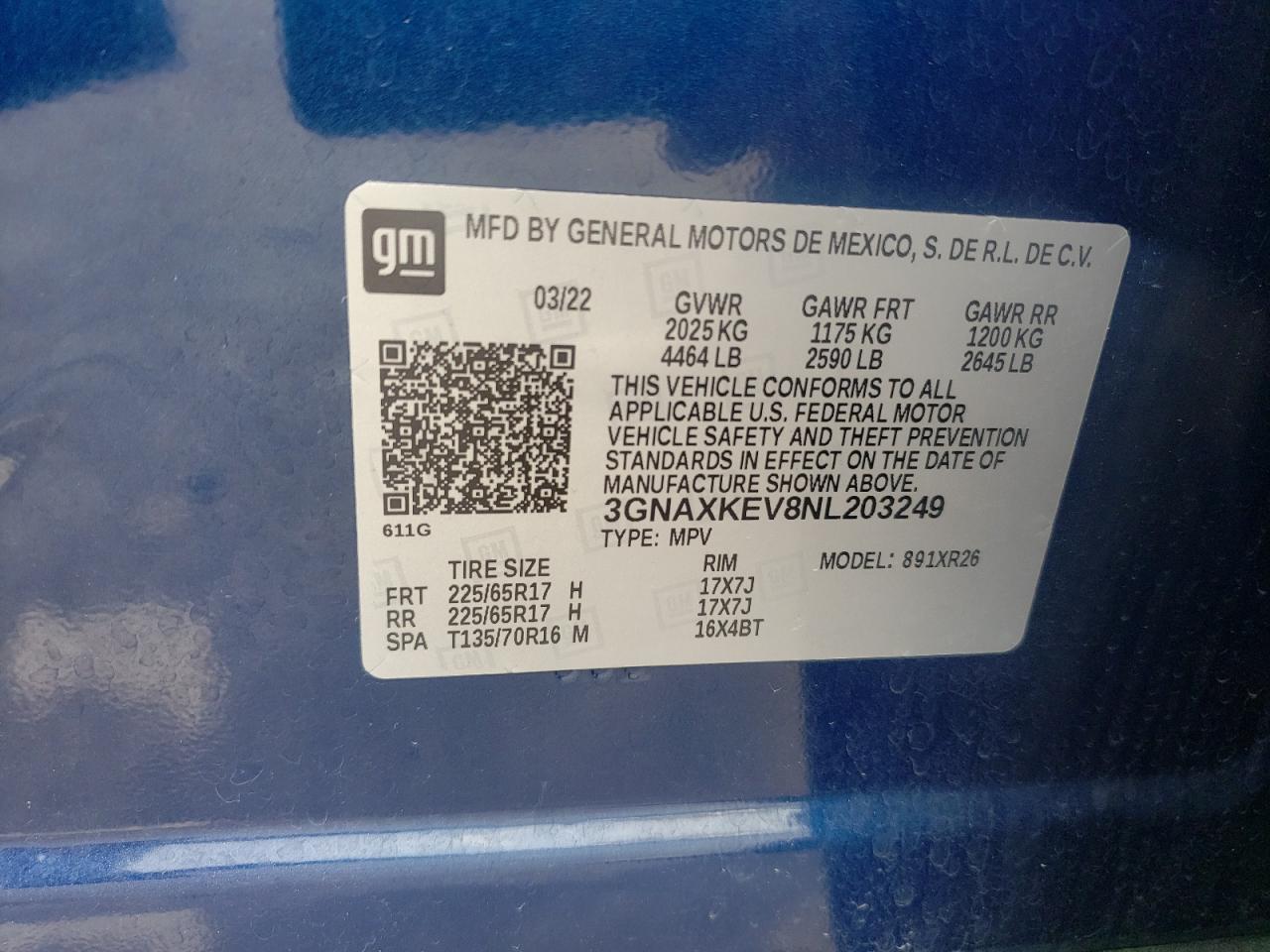 2022 CHEVROLET EQUINOX LT VIN:3GNAXKEV8NL203249