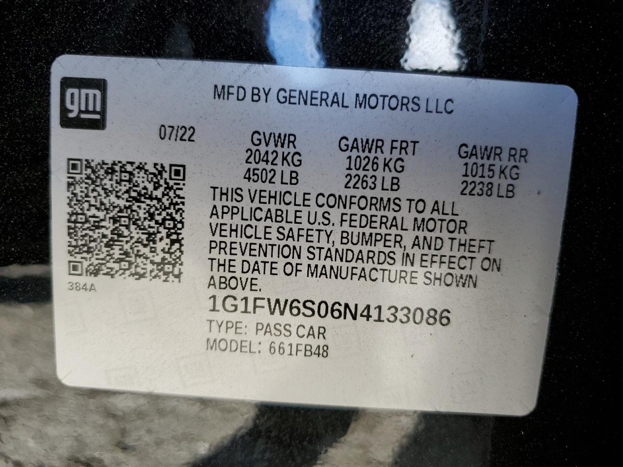 2022 CHEVROLET BOLT EV 1LT VIN:1G1FW6S06N4133086