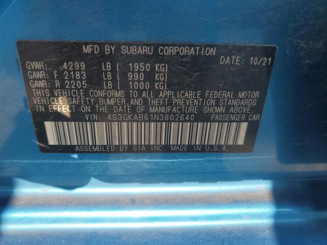 2022 SUBARU IMPREZA  VIN:4S3GKAB61N3602640