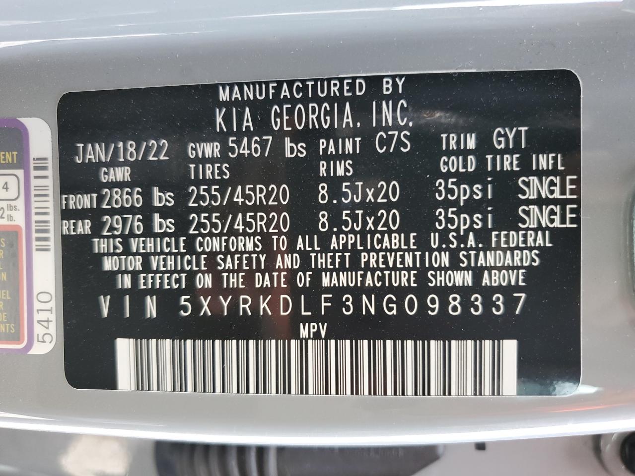 2022 KIA SORENTO SX VIN:5XYRKDLF3NG098337