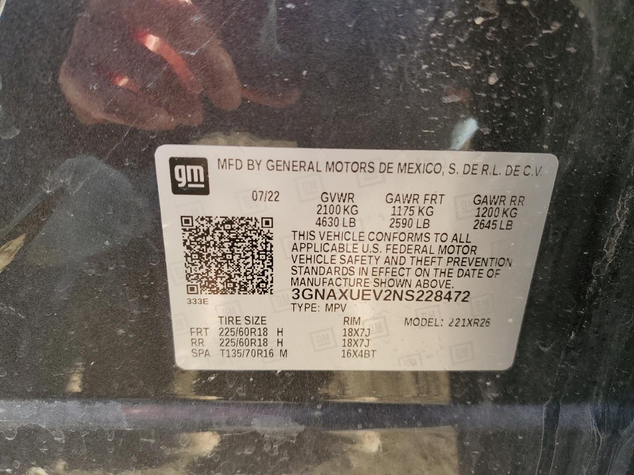 2022 CHEVROLET EQUINOX LT VIN:3GNAXUEV2NS228472