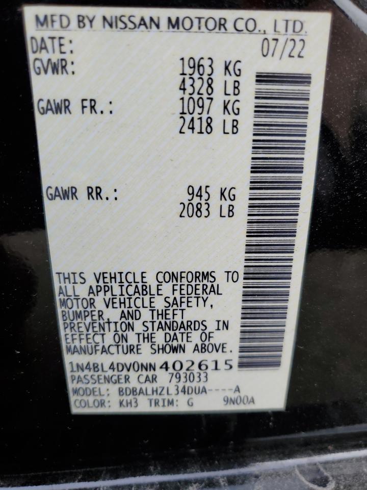 2022 NISSAN ALTIMA SV VIN:1N4BL4DV0NN402615