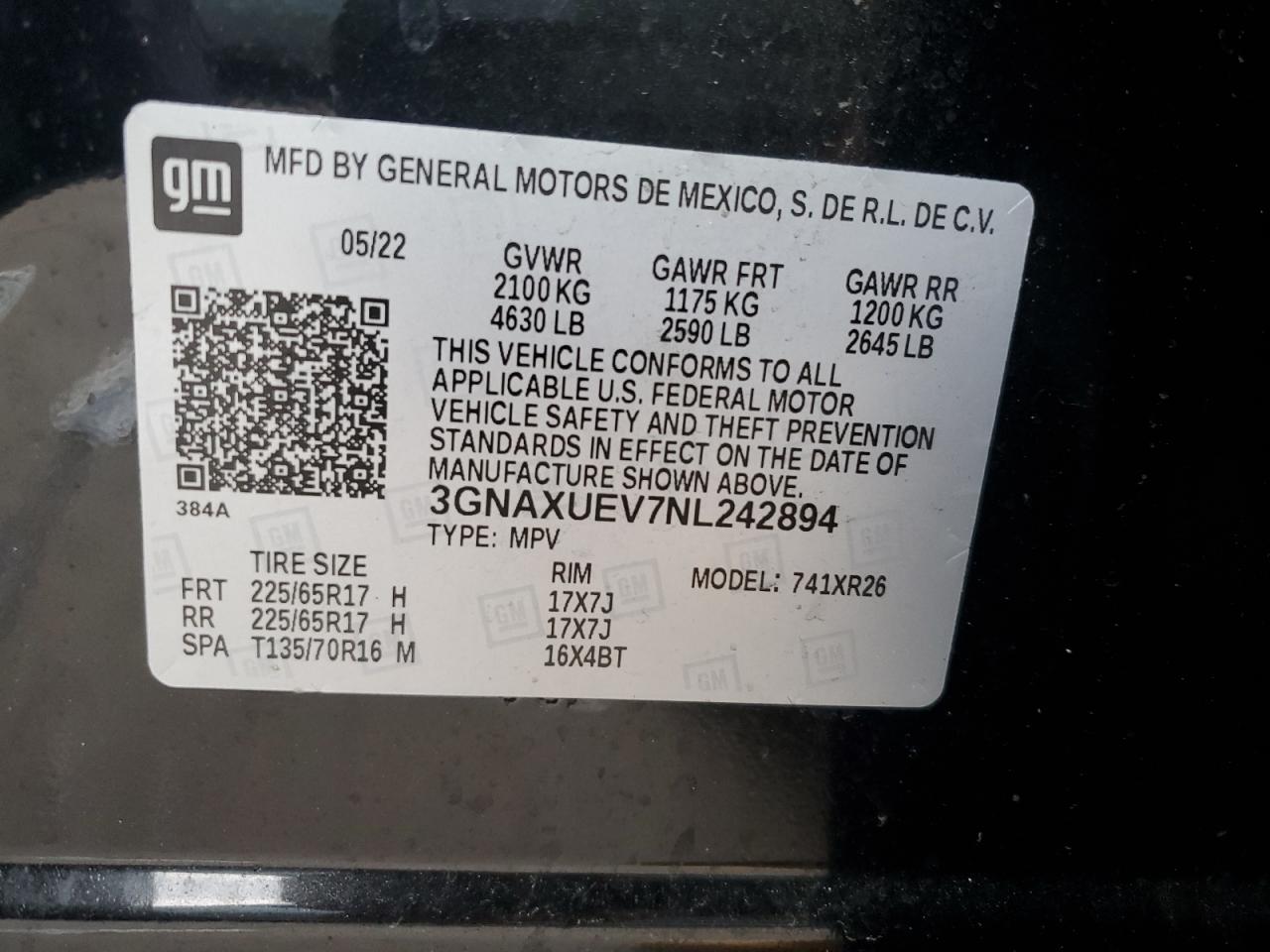 2022 CHEVROLET EQUINOX LT VIN:3GNAXUEV7NL242894