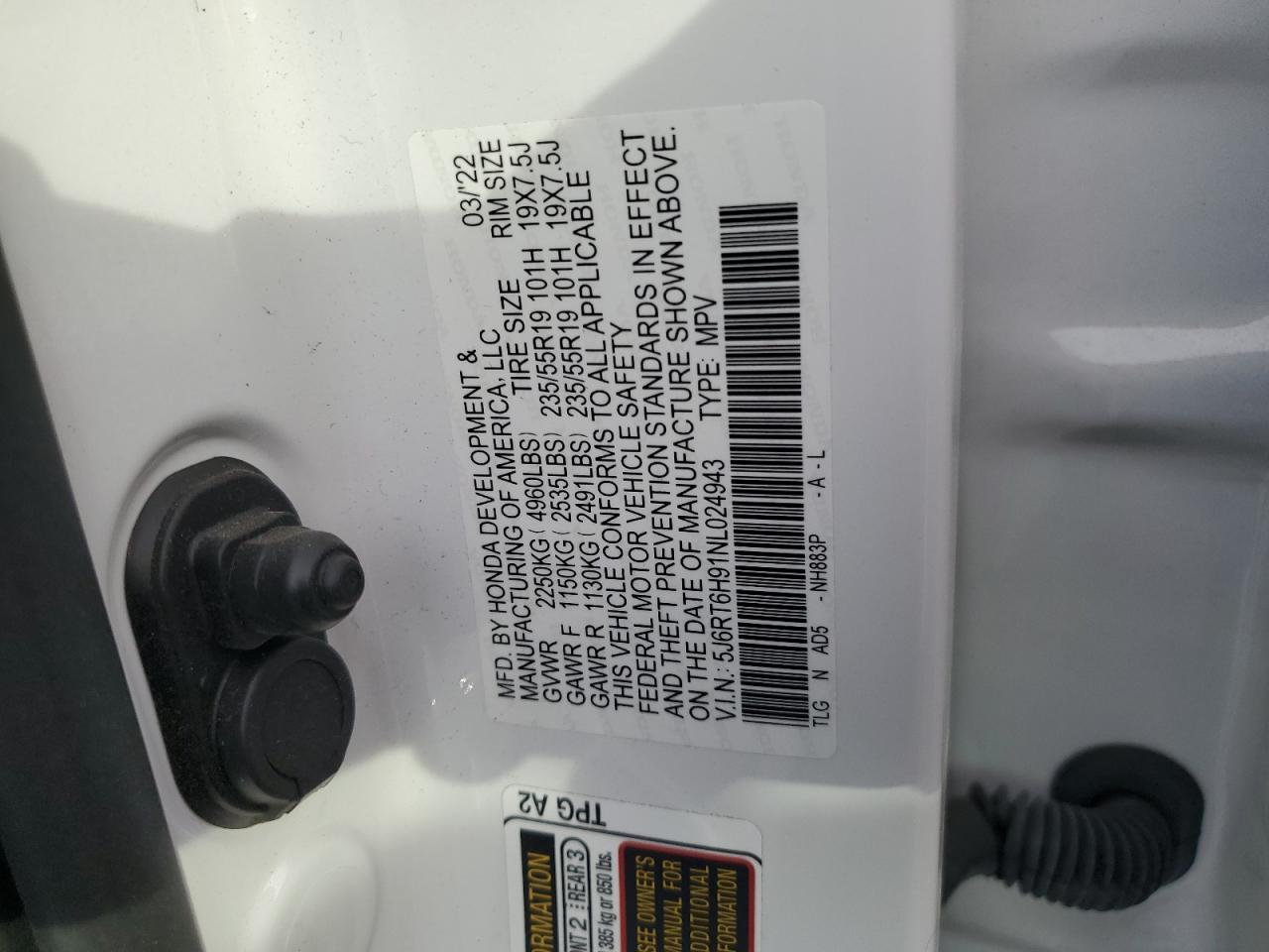 2022 HONDA CR-V TOURING VIN:5J6RT6H91NL024943