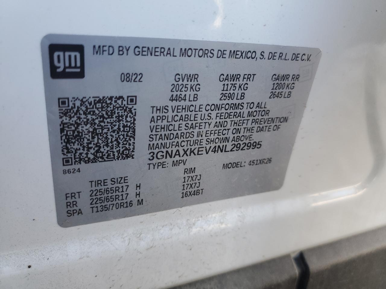 2022 CHEVROLET EQUINOX LT VIN:3GNAXKEV4NL292995