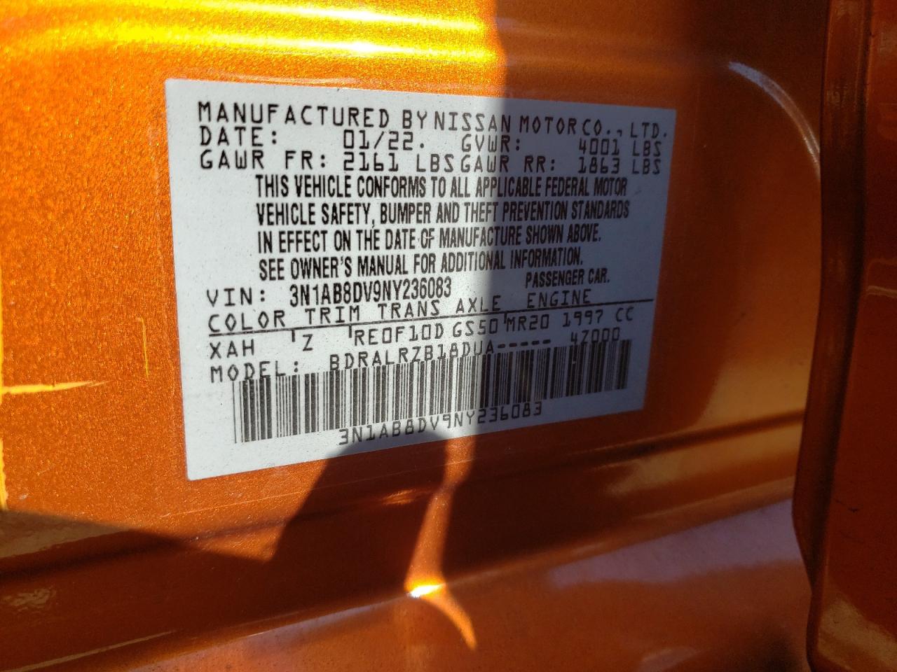 2022 NISSAN SENTRA SR VIN:3N1AB8DV9NY236083