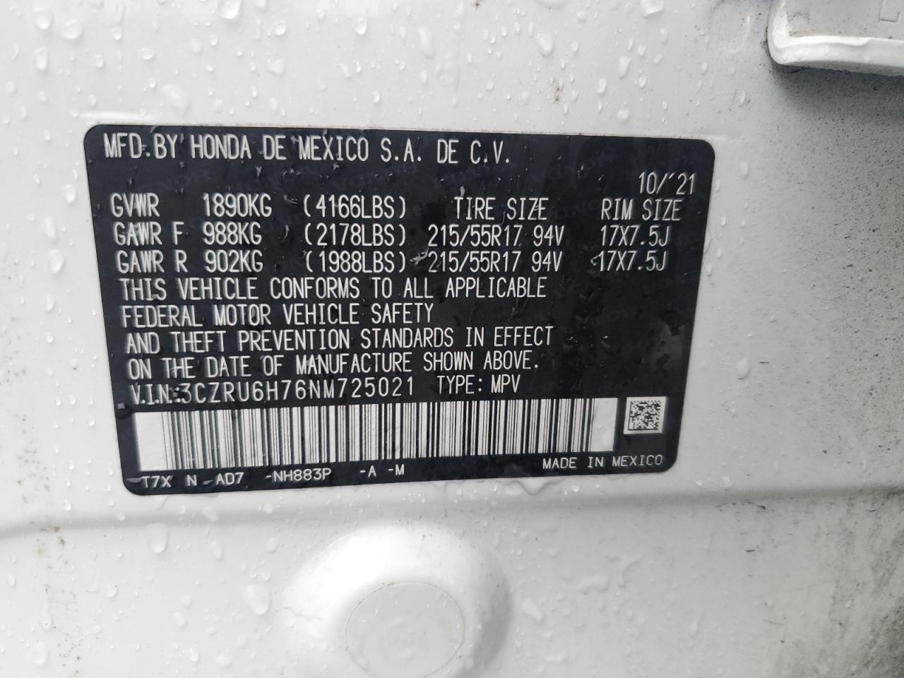 2022 HONDA HR-V EXL VIN:3CZRU6H76NM725021