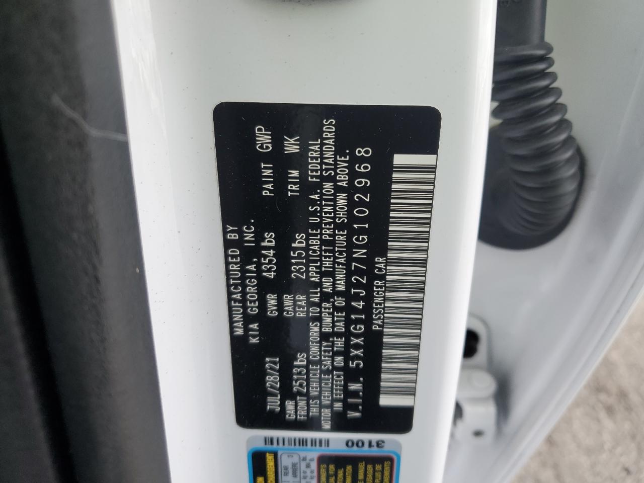 2022 KIA K5 LXS VIN:5XXG14J27NG102968