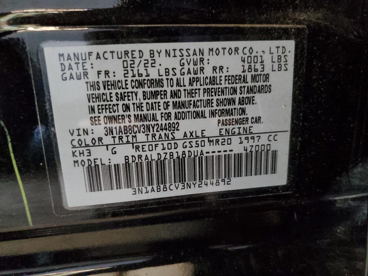 2022 NISSAN SENTRA SV VIN:3N1AB8CV3NY244892