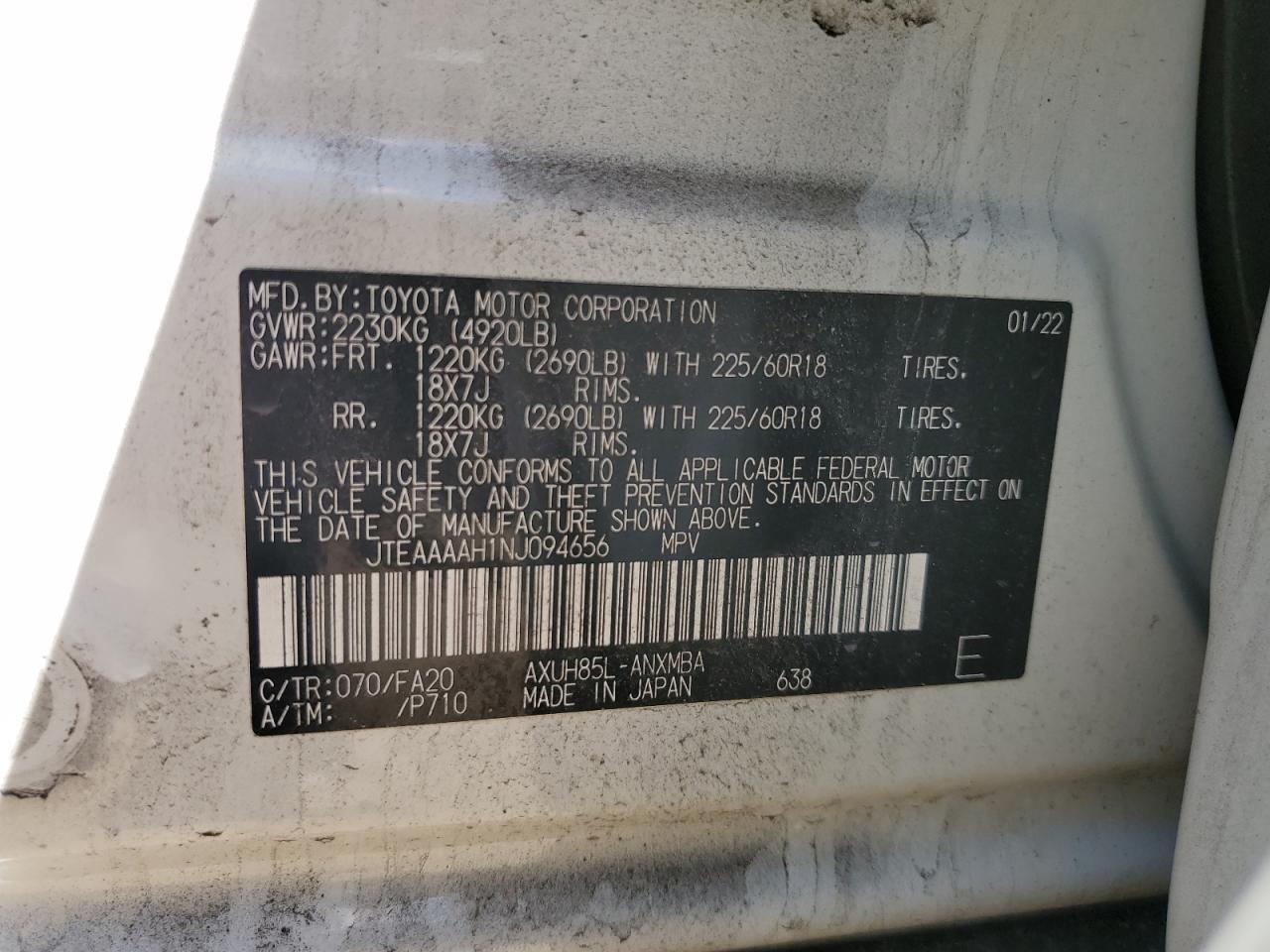 2022 TOYOTA VENZA LE VIN:JTEAAAAH1NJ094656