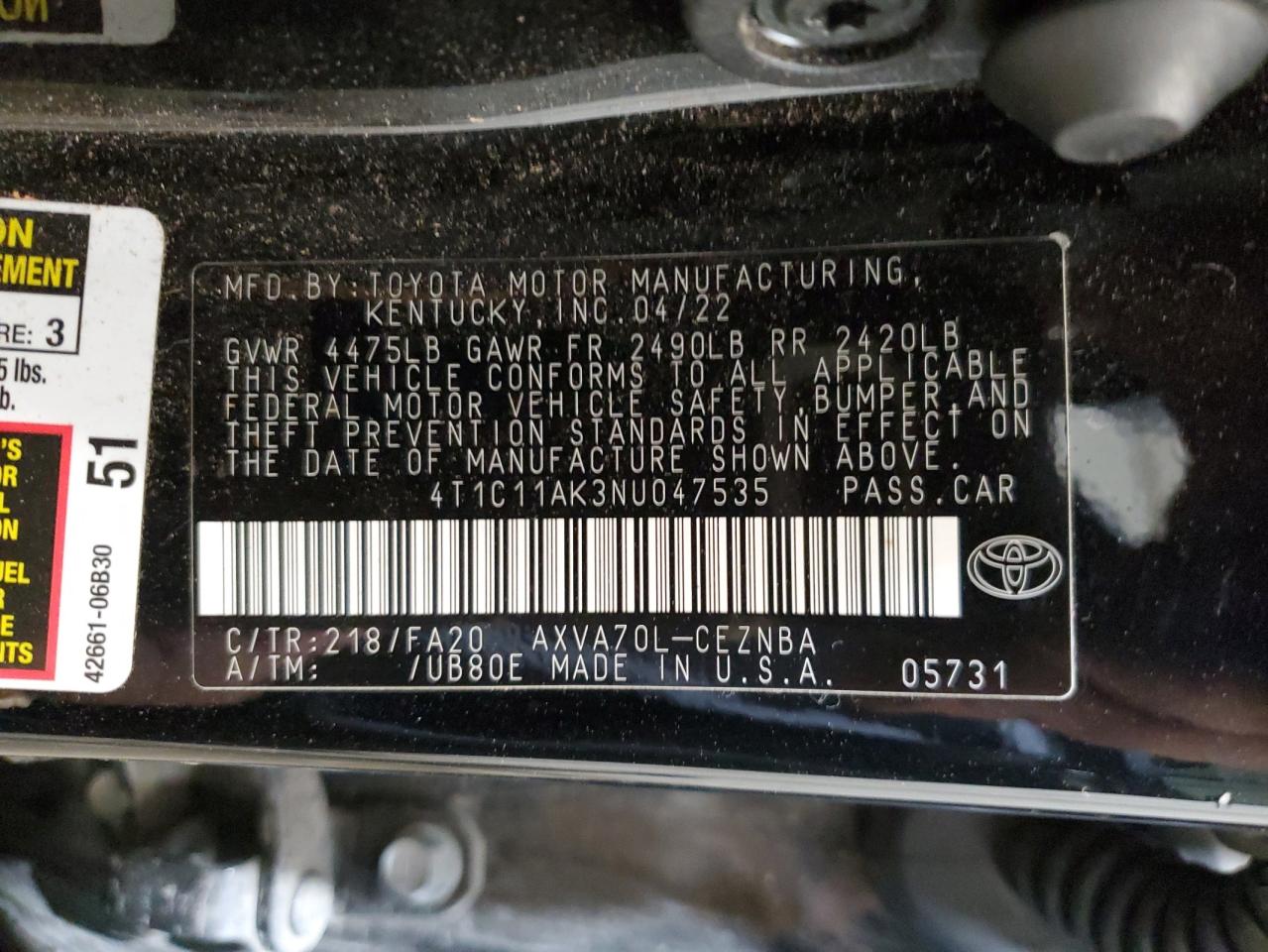 2022 TOYOTA CAMRY LE VIN:4T1C11AK3NU047535