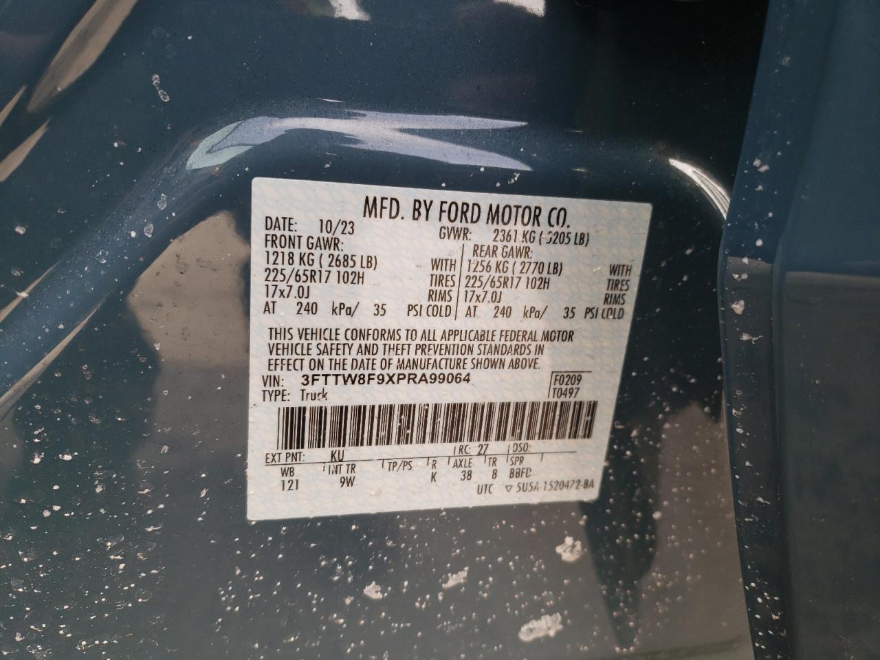 2023 FORD MAVERICK XL VIN:3FTTW8F9XPRA99064