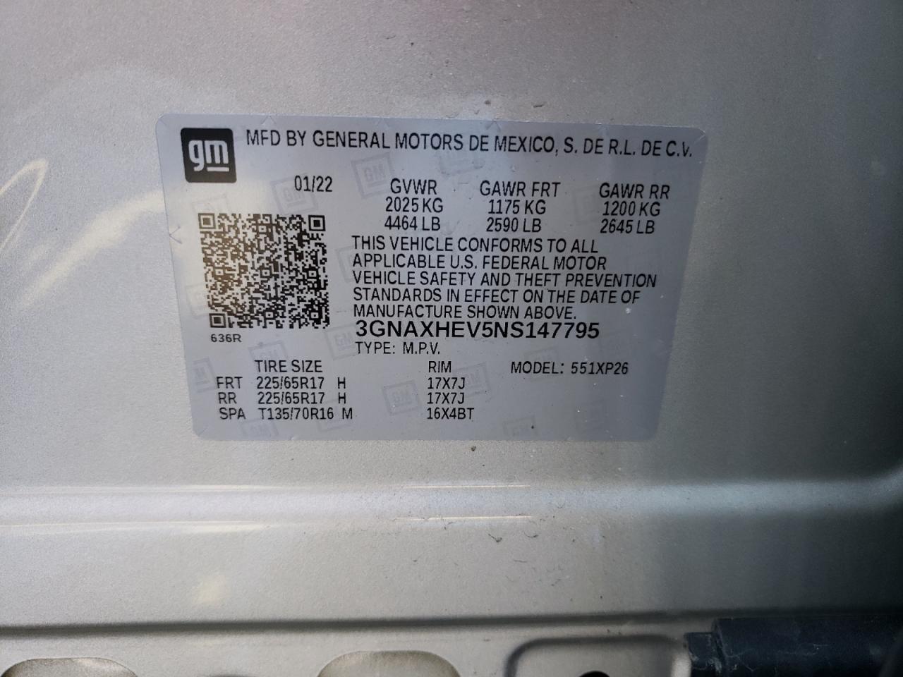 2022 CHEVROLET EQUINOX LS VIN:3GNAXHEV5NS147795