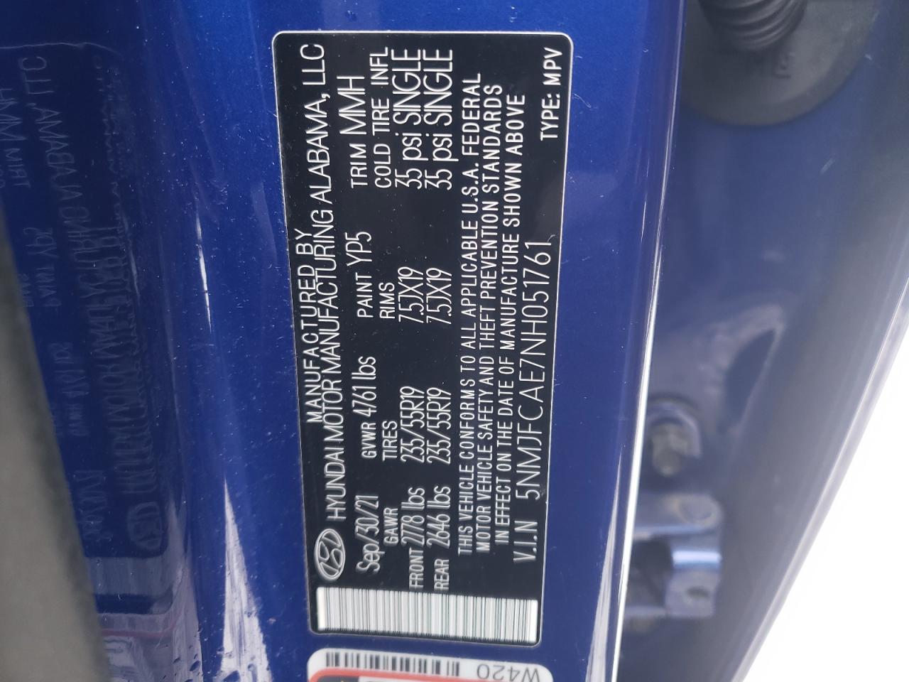 2022 HYUNDAI TUCSON SEL VIN:5NMJFCAE7NH051761