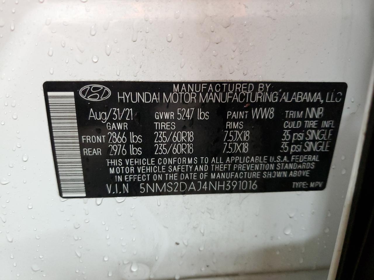 2022 HYUNDAI SANTA FE SEL VIN:5NMS2DAJ4NH391016