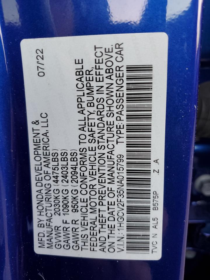 2022 HONDA ACCORD SPORT VIN:1HGCV2F35NA015799