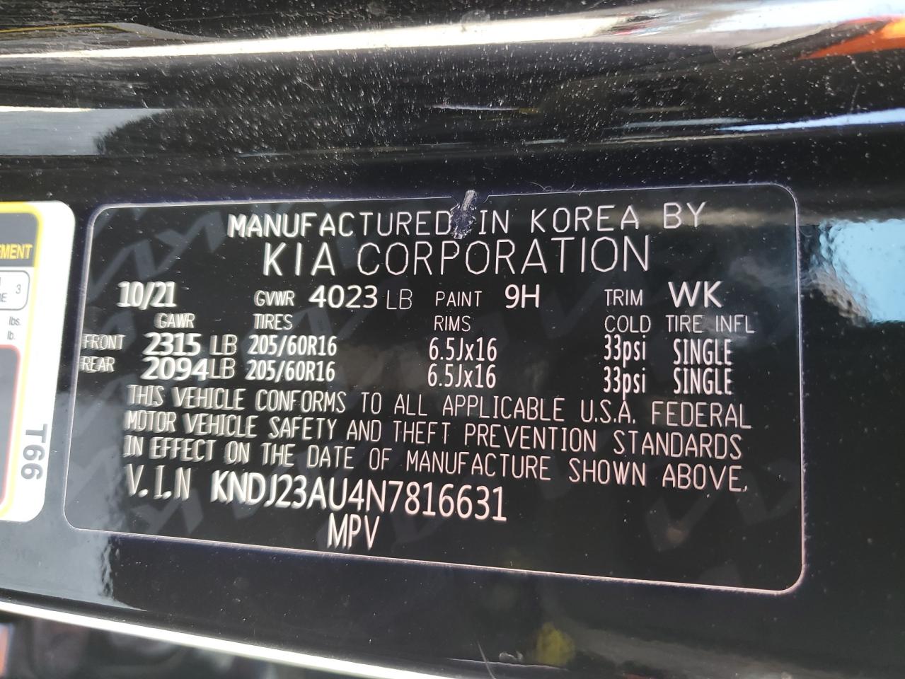 2022 KIA SOUL LX VIN:KNDJ23AU4N7816631