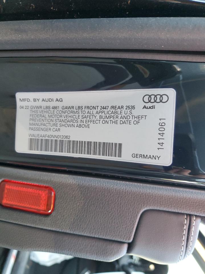 2022 AUDI A4 PREMIUM PLUS 45 VIN:WAUEAAF40NN012062